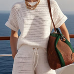 Casual Fashionable Holiday Style Hollow Knitted White Short-Sleeved Shorts Suit