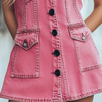 【24-hour shipping out】Chic Pink Denim Button Front Sleeveless Mini Dress
