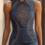 Vintage Sleeveless Embroidered Denim Bodycon Dress