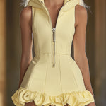 Fashion Slim Fit Goose Yellow Front Zip Hooded Ruffle Sleeveless Mini Dress