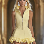 Fashion Slim Fit Goose Yellow Front Zip Hooded Ruffle Sleeveless Mini Dress