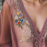 Elegant Gray Purple Floral Embroidery Half Sleeve Chiffon Shirt