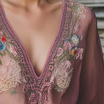 Elegant Gray Purple Floral Embroidery Half Sleeve Chiffon Shirt