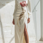 Long Sleeves Flower Print Pleated Split-Side Round-Neck Maxi Dresses