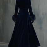 Elegant Mid-length Velvet Coat With Faux Fur Collar
