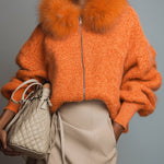 Casual Loose Faux Fur Collar Orange Zipper Front Cardigan