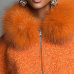 Casual Loose Faux Fur Collar Orange Zipper Front Cardigan