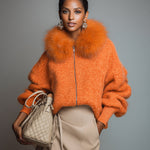 Casual Loose Faux Fur Collar Orange Zipper Front Cardigan