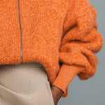 Casual Loose Faux Fur Collar Orange Zipper Front Cardigan