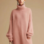 Retro Fashion Pink Turtleneck Furry Hem Knitted Midi Dress