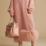 Retro Fashion Pink Turtleneck Furry Hem Knitted Midi Dress