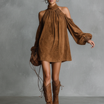 Women's Loose-fitting Faux Suede Halter Neck Semi-high Collar Lantern Sleeve Mini Dress