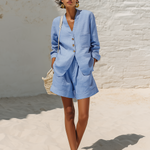 Casual Blue Cotton And Linen V-neck Top And Wide Leg Shorts Set