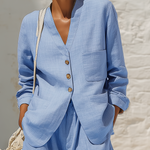 Casual Blue Cotton And Linen V-neck Top And Wide Leg Shorts Set