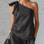 Gray Cotton And Linen Sleeveless One Shoulder Top With Tie Detail And Wide Leg Pants Set