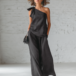 Gray Cotton And Linen Sleeveless One Shoulder Top With Tie Detail And Wide Leg Pants Set