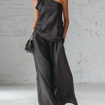 Gray Cotton And Linen Sleeveless One Shoulder Top With Tie Detail And Wide Leg Pants Set