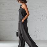 Gray Cotton And Linen Sleeveless One Shoulder Top With Tie Detail And Wide Leg Pants Set