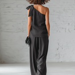 Gray Cotton And Linen Sleeveless One Shoulder Top With Tie Detail And Wide Leg Pants Set
