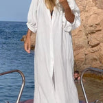 Take A Relax Balloon Sleeve Button Pocketed Loose Shirt Maxi Dress