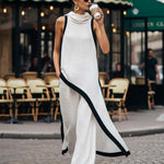 Temperament Casual Hooded White Black Trim White Cotton And Linen Asymmetrical Long Top And Pants Set