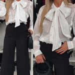 Tie Neck Beaded Long Sleeve Tied Detail Blouses Casual Shirts