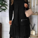 Taylor Knit Turtleneck Zip-up Top and Elastic Waist Tulle Loose Midi Skirt Set