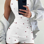 2 Pieces Outfit Heart Print U Neck Sleeveless Tank Top And Casual Strechy Waist Shorts Set Slim Fit Ribbed Pajamas Set