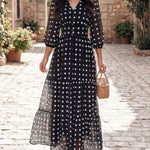 Women's Polka Dot Maxi Dress V Neck Lantern Sleeve Ruffle Hem Dress High Waist Button Up Chiffon Long Party Dress