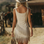 Retro V-neck Slanted Tassel Faux Suede Sleeveless Mini Dress