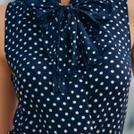 Chic Navy Blue Polka Dot Sleeveless Blouse With Bow Tie Neck