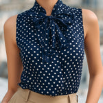 Chic Navy Blue Polka Dot Sleeveless Blouse With Bow Tie Neck