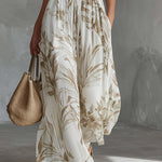 Elegant White Breathable Knit Tank Top Printed Chiffon Wide-Leg Pants Set