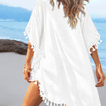 Women's Front & Back Reversible Beach Cover Up Crochet Lace Hollow Out Spliced Tassel Vacation Caftan Dress