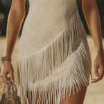 Retro V-neck Slanted Tassel Faux Suede Sleeveless Mini Dress