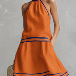 Elegant Color-Block Trim Orange Cotton-Linen Halter Sleeveless Mini Dress