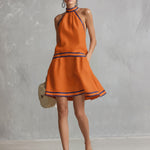 Elegant Color-Block Trim Orange Cotton-Linen Halter Sleeveless Mini Dress