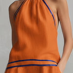 Elegant Color-Block Trim Orange Cotton-Linen Halter Sleeveless Mini Dress