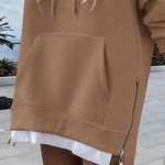 Long Sleeve Kangaroo Pocket Design Zipper Side Pullover Sweatshirt Casual Faux Two Piece Side Slit Longline Drawstring Hoodie Top