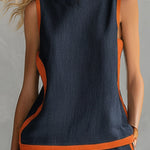Elegant And Casual Two-tone Trim Dark Blue Cotton And Linen Vest And Shorts Set