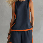 Elegant And Casual Two-tone Trim Dark Blue Cotton And Linen Vest And Shorts Set