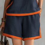 Elegant And Casual Two-tone Trim Dark Blue Cotton And Linen Vest And Shorts Set