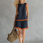 Elegant And Casual Two-tone Trim Dark Blue Cotton And Linen Vest And Shorts Set