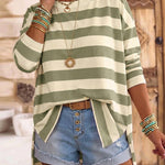 Women's Striped T Shirt Long Sleeve Drop Shoulder Crewneck Tee Side Slit Casual Loose Fit Top
