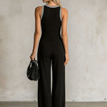 Color-blocked V-neck Button-down Double-pocket Sleeveless Jumpsuit