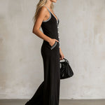 Color-blocked V-neck Button-down Double-pocket Sleeveless Jumpsuit
