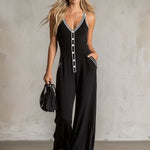 Color-blocked V-neck Button-down Double-pocket Sleeveless Jumpsuit