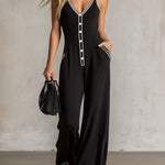 Color-blocked V-neck Button-down Double-pocket Sleeveless Jumpsuit