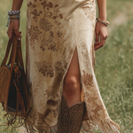 Bohemian V-Neck Fringe Sleeveless Printed Faux Suede Midi Dress