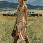 Bohemian V-Neck Fringe Sleeveless Printed Faux Suede Midi Dress
